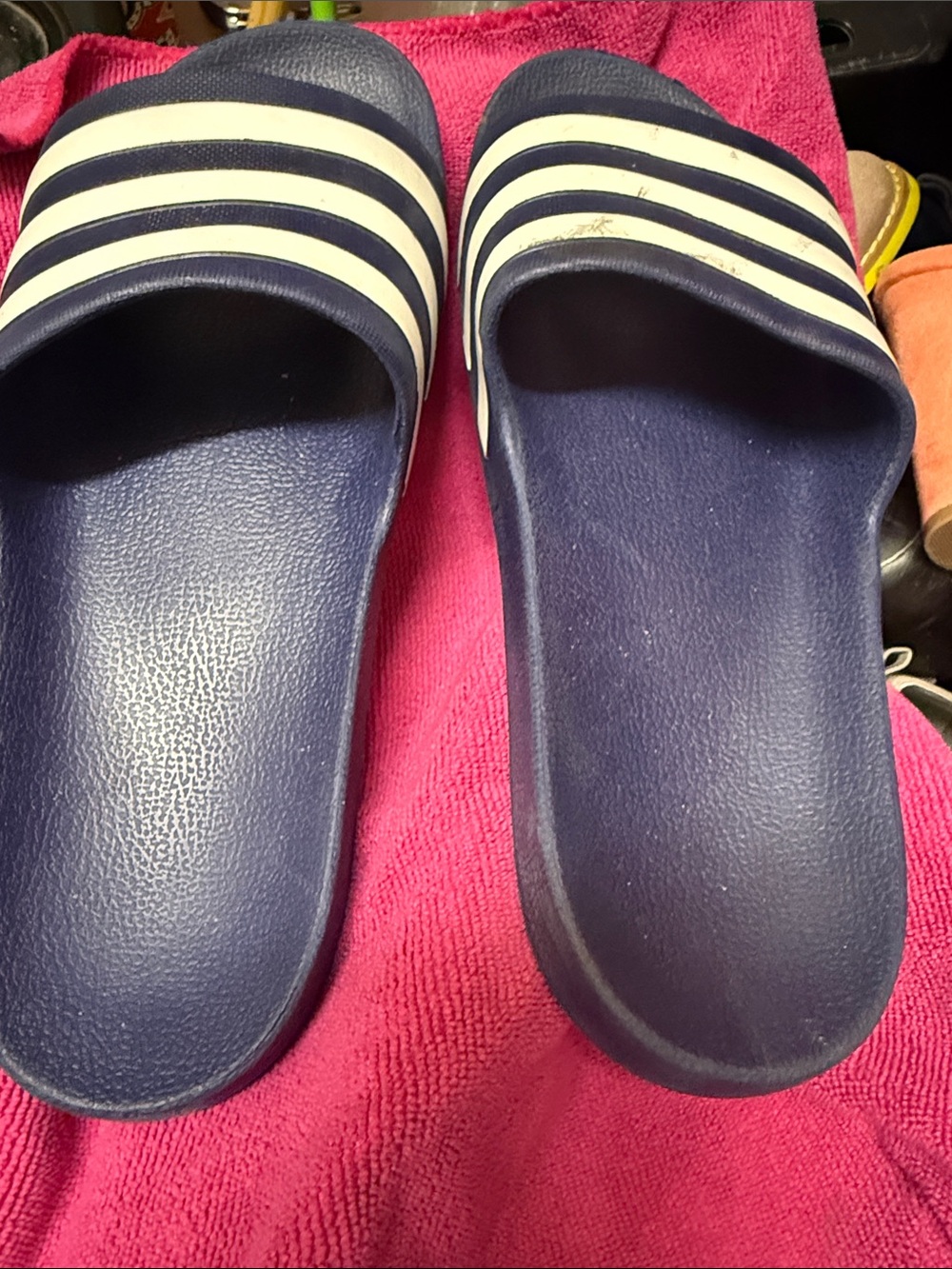 Adidas Navy Slide Sandals with White Stripes